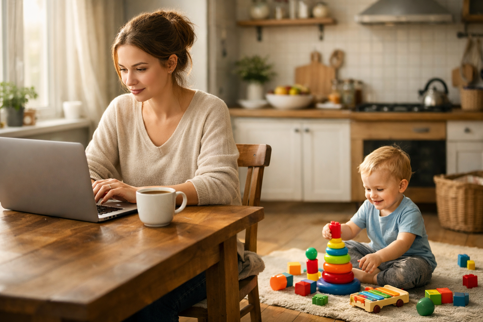 Мама с ребёнком за ноутбуком